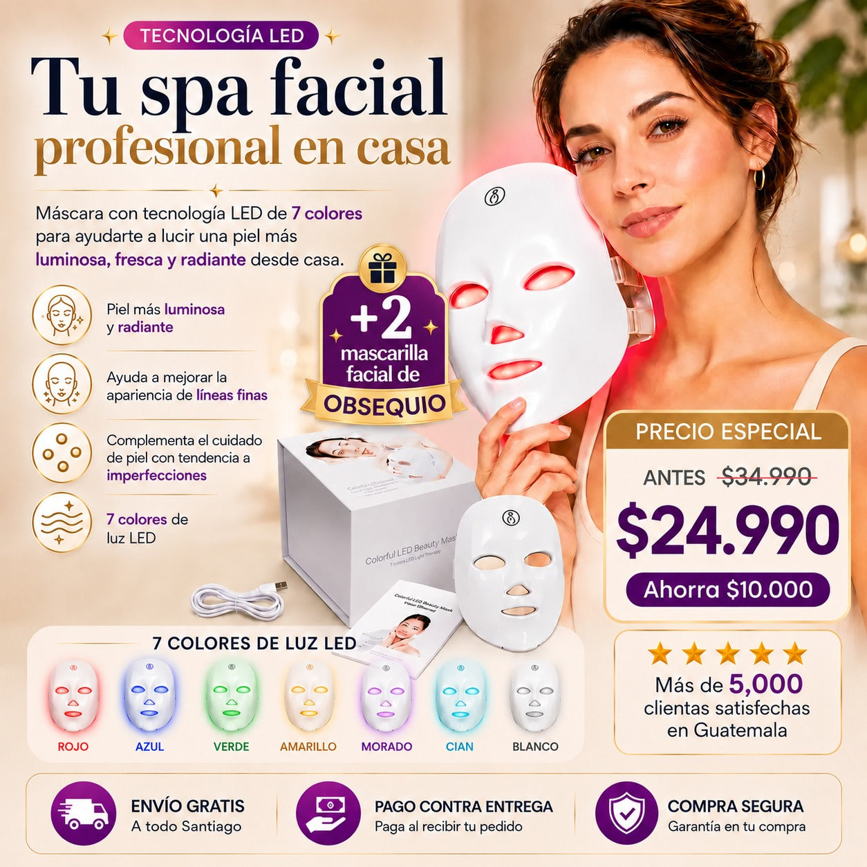 Máscara Facial LED 7 colores | Tecnología de belleza profesional