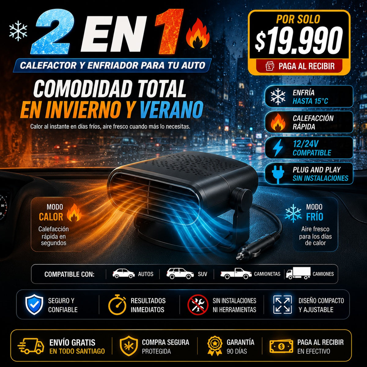 CALEFACTOR AIRFLOW 2 EN 1™ CALIENTA, ENFRÍA Y DESEMPAÑA EN SEGUNDOS