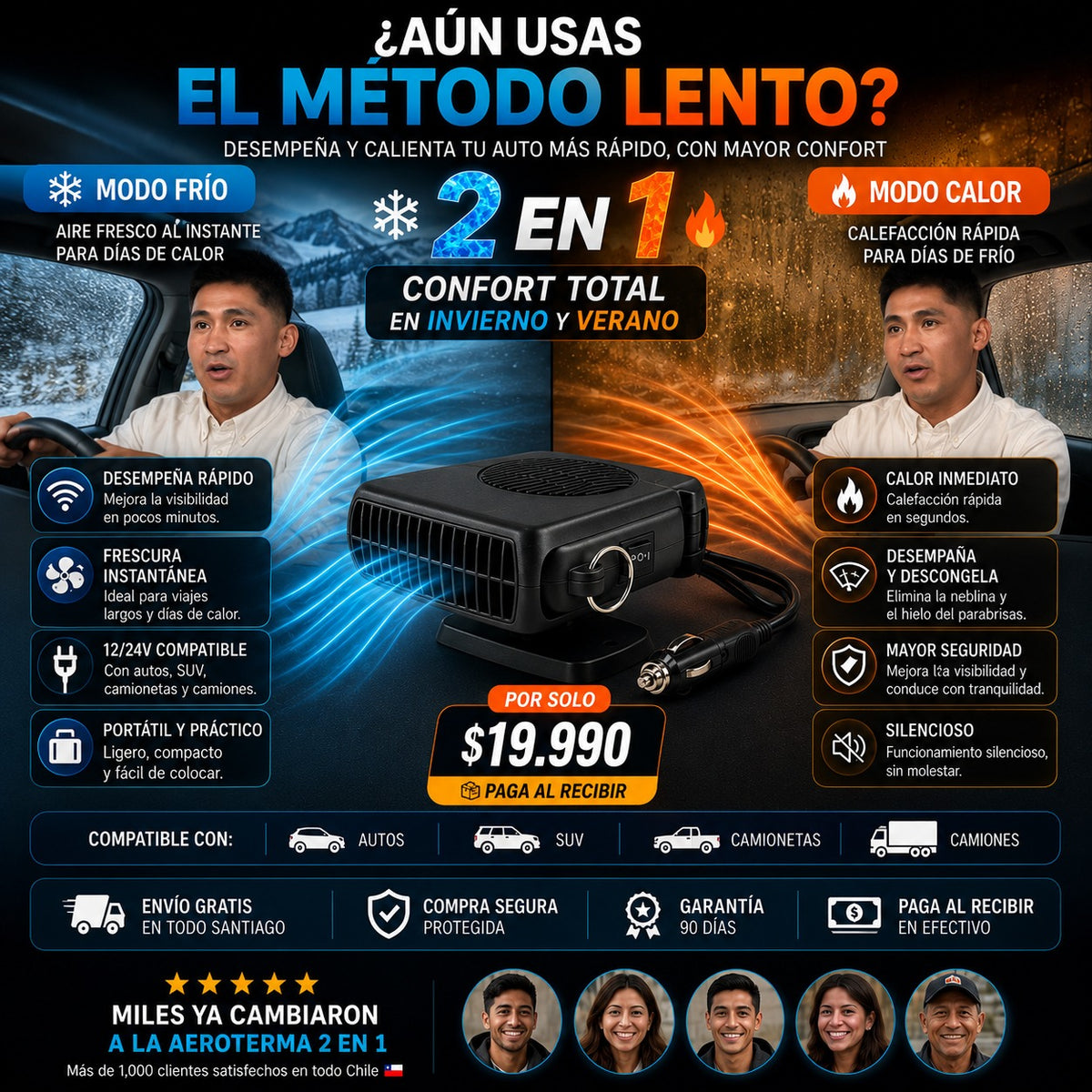 CALEFACTOR AIRFLOW 2 EN 1™ CALIENTA, ENFRÍA Y DESEMPAÑA EN SEGUNDOS
